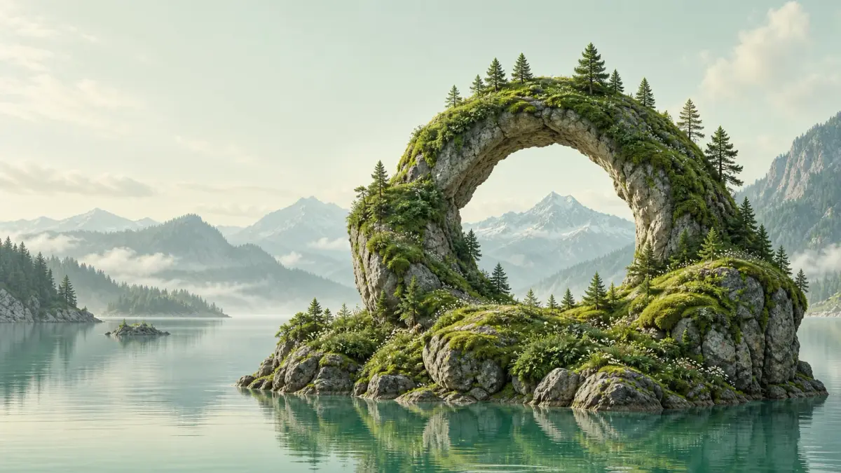A plate from the Zephyrus site: an island of moss and pines curved into a stone ring above a still lake